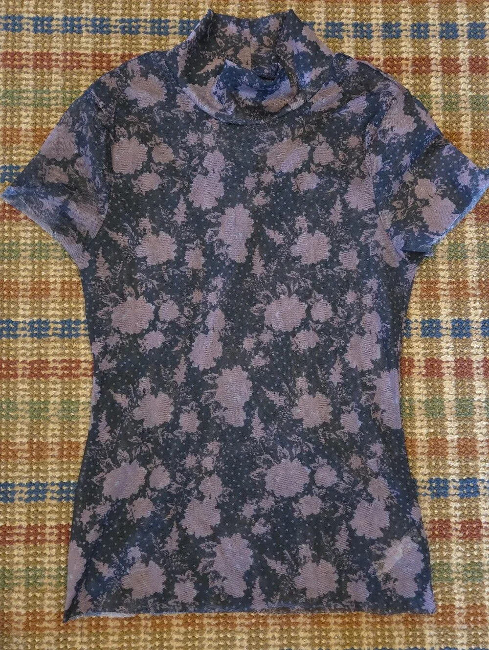 Intimately Free People Black Rose Floral Mesh Turtleneck Raw Hem Top Size Small